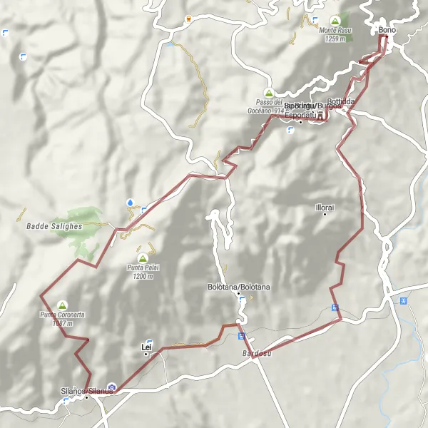Miniatura della mappa di ispirazione al ciclismo "Giro delle Colline di Bono" nella regione di Sardegna, Italy. Generata da Tarmacs.app, pianificatore di rotte ciclistiche