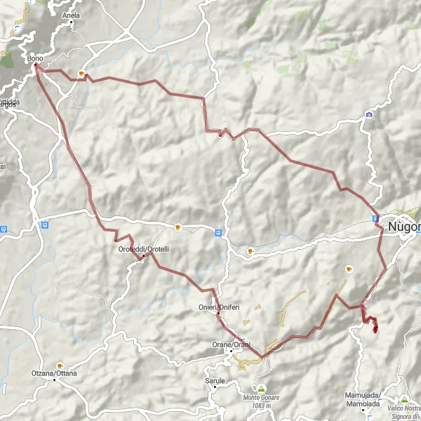 Miniatura della mappa di ispirazione al ciclismo "Percorso in bicicletta fuoristrada da Bono a Oroteddi" nella regione di Sardegna, Italy. Generata da Tarmacs.app, pianificatore di rotte ciclistiche