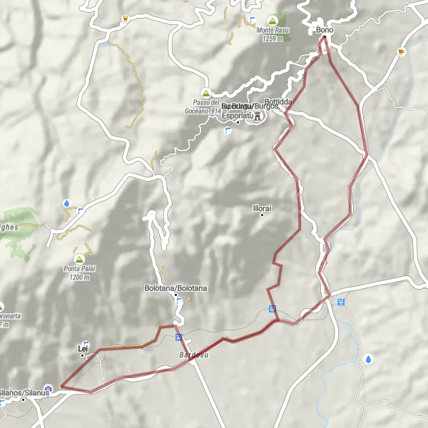 Miniatura della mappa di ispirazione al ciclismo "Giro in bicicletta intorno a Bono" nella regione di Sardegna, Italy. Generata da Tarmacs.app, pianificatore di rotte ciclistiche