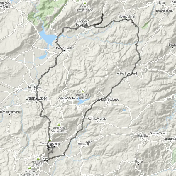 Miniatura della mappa di ispirazione al ciclismo "Giro in bicicletta intorno a Bono - Strada" nella regione di Sardegna, Italy. Generata da Tarmacs.app, pianificatore di rotte ciclistiche