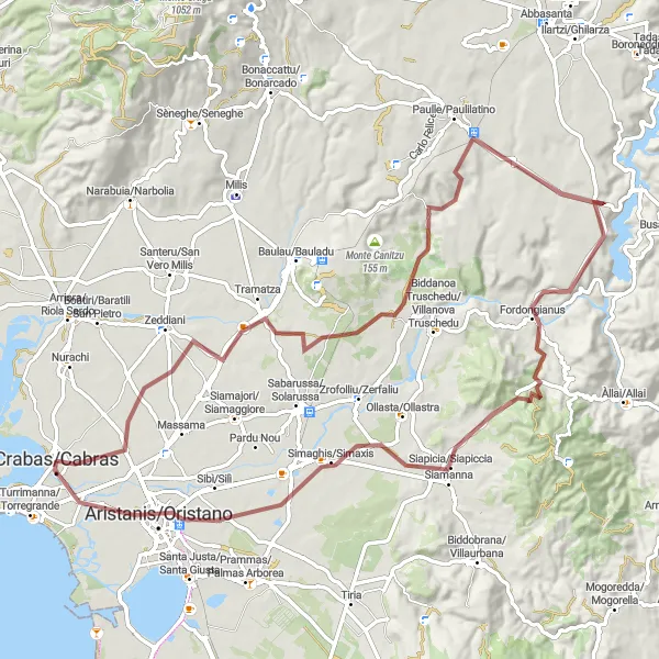 Map miniature of "Gravelling through Tramatza to Fordongianus" cycling inspiration in Sardegna, Italy. Generated by Tarmacs.app cycling route planner