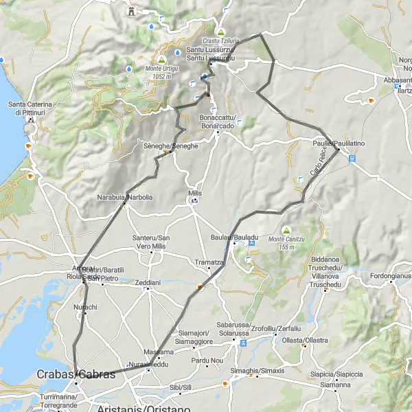 Map miniature of "The Nurachi Loop" cycling inspiration in Sardegna, Italy. Generated by Tarmacs.app cycling route planner