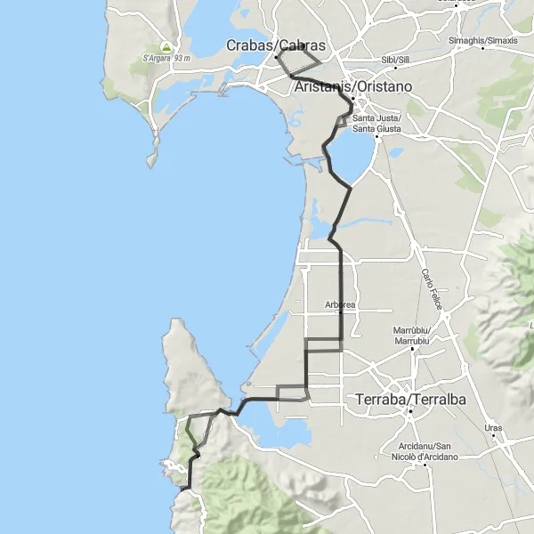 Map miniature of "Road Tour: Coastal Beauty" cycling inspiration in Sardegna, Italy. Generated by Tarmacs.app cycling route planner