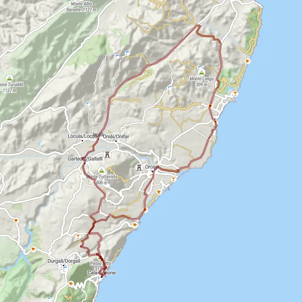 Miniatura della mappa di ispirazione al ciclismo "Avventura in Gravel tra Cala Gonone e Orosei" nella regione di Sardegna, Italy. Generata da Tarmacs.app, pianificatore di rotte ciclistiche