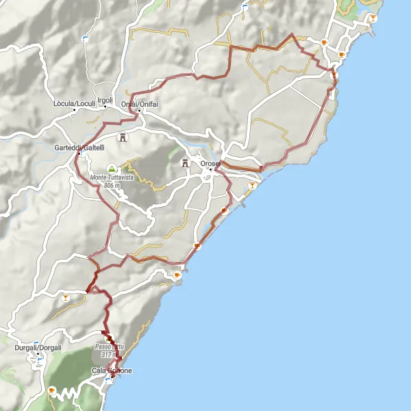 Miniatura della mappa di ispirazione al ciclismo "Giro in bicicletta da Cala Gonone a Orosei" nella regione di Sardegna, Italy. Generata da Tarmacs.app, pianificatore di rotte ciclistiche