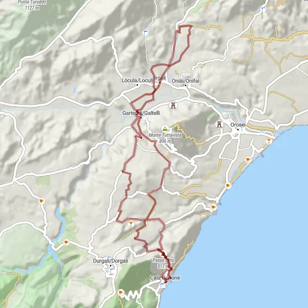Miniatura della mappa di ispirazione al ciclismo "Giro Gravel a Cala Gonone" nella regione di Sardegna, Italy. Generata da Tarmacs.app, pianificatore di rotte ciclistiche