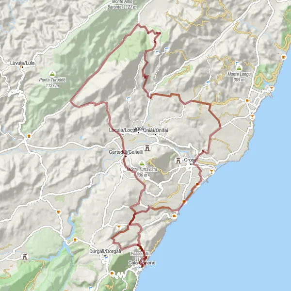Miniatura della mappa di ispirazione al ciclismo "Tour in bicicletta da Cala Gonone a Cuc.ru Cazzeddu" nella regione di Sardegna, Italy. Generata da Tarmacs.app, pianificatore di rotte ciclistiche