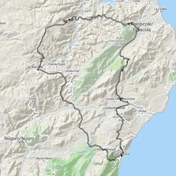 Miniatura della mappa di ispirazione al ciclismo "Tour Epico tra Cala Gonone e Siniscola" nella regione di Sardegna, Italy. Generata da Tarmacs.app, pianificatore di rotte ciclistiche