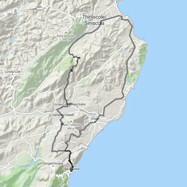 Miniatura della mappa di ispirazione al ciclismo "Giro in bici da Cala Gonone a Sos Alinos" nella regione di Sardegna, Italy. Generata da Tarmacs.app, pianificatore di rotte ciclistiche