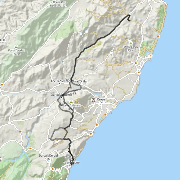Miniatura della mappa di ispirazione al ciclismo "Tour ciclistico da Cala Gonone a Irgoli" nella regione di Sardegna, Italy. Generata da Tarmacs.app, pianificatore di rotte ciclistiche