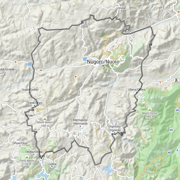 Map miniature of "Exploring the Mountains and Plateaus near Gavoi" cycling inspiration in Sardegna, Italy. Generated by Tarmacs.app cycling route planner