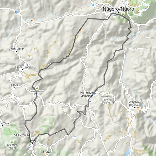 Map miniature of "Gavoi and Surroundings" cycling inspiration in Sardegna, Italy. Generated by Tarmacs.app cycling route planner