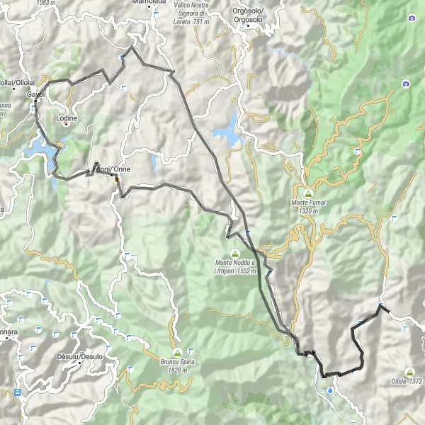 Map miniature of "Scenic Loop around Gavoi" cycling inspiration in Sardegna, Italy. Generated by Tarmacs.app cycling route planner