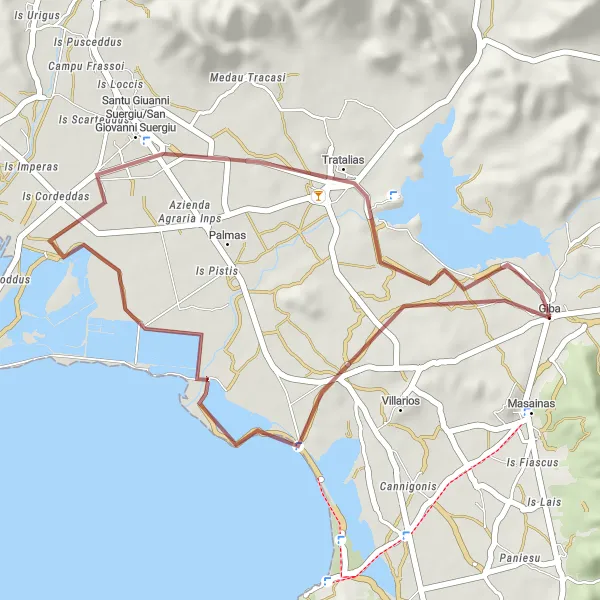 Miniatura della mappa di ispirazione al ciclismo "Tra lagune e paesaggi marini" nella regione di Sardegna, Italy. Generata da Tarmacs.app, pianificatore di rotte ciclistiche
