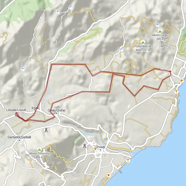 Miniatura della mappa di ispirazione al ciclismo "Avventuroso giro in bicicletta sterrato intorno a Irgoli" nella regione di Sardegna, Italy. Generata da Tarmacs.app, pianificatore di rotte ciclistiche