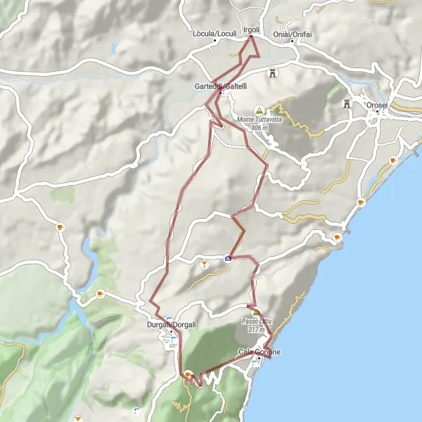 Miniatura della mappa di ispirazione al ciclismo "Gravel Garteddi-Galtellì" nella regione di Sardegna, Italy. Generata da Tarmacs.app, pianificatore di rotte ciclistiche