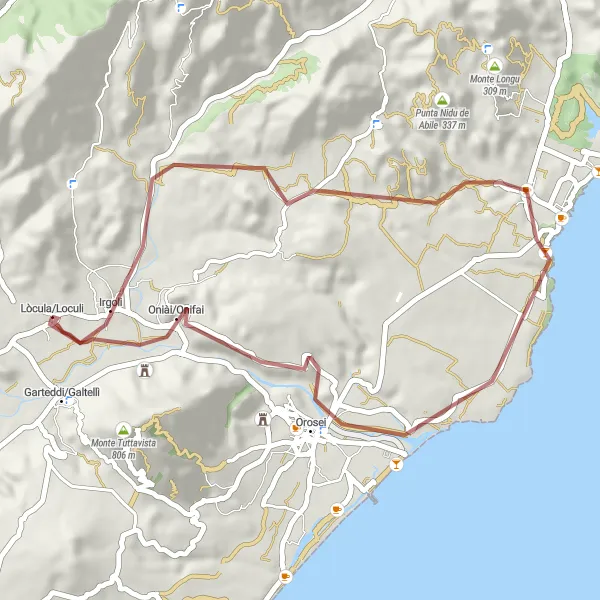 Miniatura della mappa di ispirazione al ciclismo "Esplorazione in bicicletta dei dintorni collinari di Irgoli" nella regione di Sardegna, Italy. Generata da Tarmacs.app, pianificatore di rotte ciclistiche