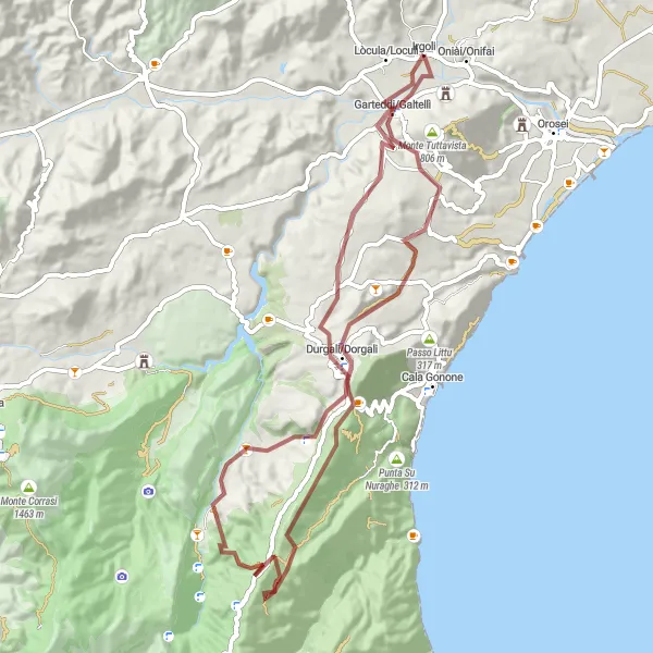 Miniatura della mappa di ispirazione al ciclismo "Giro in bicicletta da Irgoli fino a Monte Bardia e ritorno" nella regione di Sardegna, Italy. Generata da Tarmacs.app, pianificatore di rotte ciclistiche