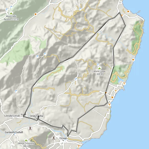Miniatura della mappa di ispirazione al ciclismo "Road Irgoli-Orosei" nella regione di Sardegna, Italy. Generata da Tarmacs.app, pianificatore di rotte ciclistiche
