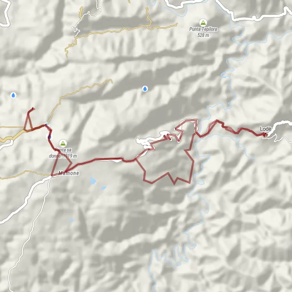 Miniatura della mappa di ispirazione al ciclismo "Giro dei Monti Lodè" nella regione di Sardegna, Italy. Generata da Tarmacs.app, pianificatore di rotte ciclistiche