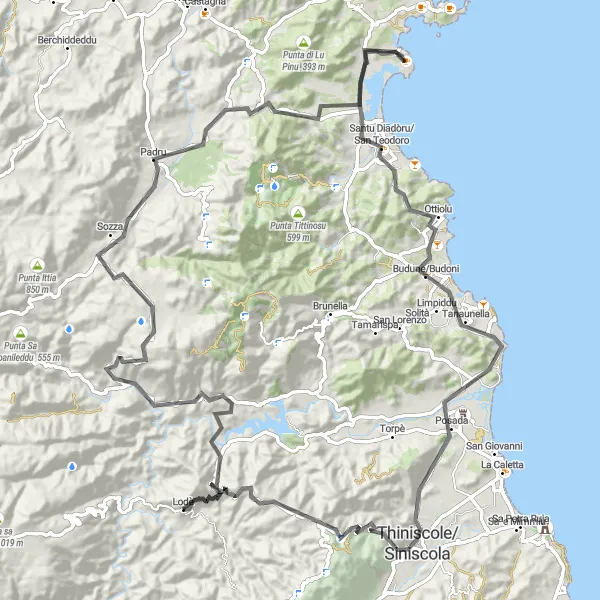 Miniatura della mappa di ispirazione al ciclismo "Scenic Route from Concas to Posada" nella regione di Sardegna, Italy. Generata da Tarmacs.app, pianificatore di rotte ciclistiche