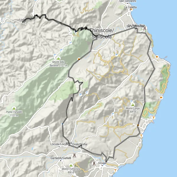 Miniatura della mappa di ispirazione al ciclismo "Circuito Montano Capo Comino e Monte Senes" nella regione di Sardegna, Italy. Generata da Tarmacs.app, pianificatore di rotte ciclistiche