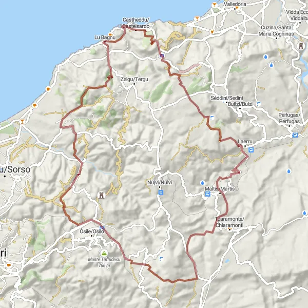 Miniatura della mappa di ispirazione al ciclismo "Esplorazione gravel tra Laerru e San Lorenzo" nella regione di Sardegna, Italy. Generata da Tarmacs.app, pianificatore di rotte ciclistiche