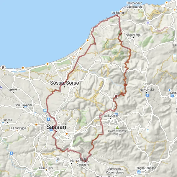 Map miniature of "Discovering Sardinia's Gravel Roads" cycling inspiration in Sardegna, Italy. Generated by Tarmacs.app cycling route planner