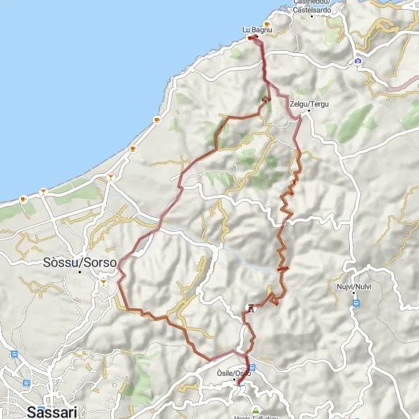 Miniatura della mappa di ispirazione al ciclismo "Alla scoperta di Zelgu e Sennori" nella regione di Sardegna, Italy. Generata da Tarmacs.app, pianificatore di rotte ciclistiche