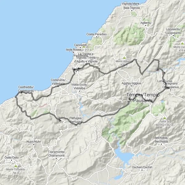 Miniatura della mappa di ispirazione al ciclismo "L'avventura epica di Monte Ossoni" nella regione di Sardegna, Italy. Generata da Tarmacs.app, pianificatore di rotte ciclistiche