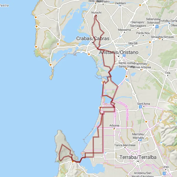 Map miniature of "The Nurachi Gravel Adventure" cycling inspiration in Sardegna, Italy. Generated by Tarmacs.app cycling route planner