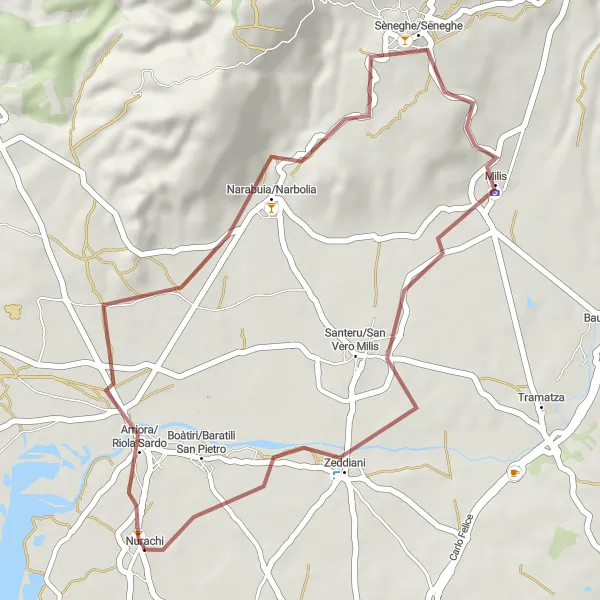 Map miniature of "Short and Challenging Gravel Ride through Riola Sardo" cycling inspiration in Sardegna, Italy. Generated by Tarmacs.app cycling route planner