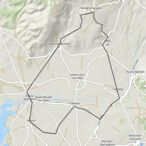 Map miniature of "Nurachi Loop Ride for Road Cyclists" cycling inspiration in Sardegna, Italy. Generated by Tarmacs.app cycling route planner