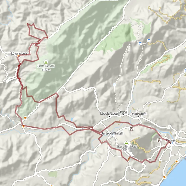 Miniatura della mappa di ispirazione al ciclismo "Exploratory gravel ride through Lùvula and Garteddi" nella regione di Sardegna, Italy. Generata da Tarmacs.app, pianificatore di rotte ciclistiche