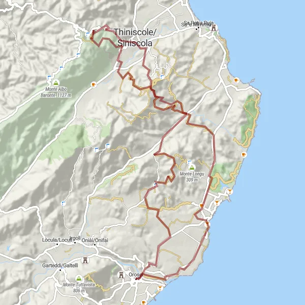 Miniatura della mappa di ispirazione al ciclismo "Challenging gravel ride to Punta Nidu de Abile and Cuccuru Pranu" nella regione di Sardegna, Italy. Generata da Tarmacs.app, pianificatore di rotte ciclistiche