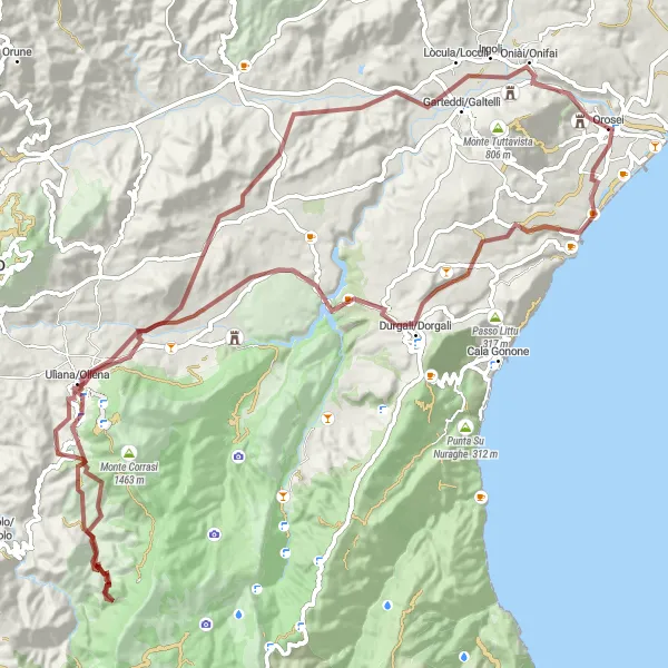 Miniatura della mappa di ispirazione al ciclismo "Avventura tra i Nuraghi di Oliena" nella regione di Sardegna, Italy. Generata da Tarmacs.app, pianificatore di rotte ciclistiche