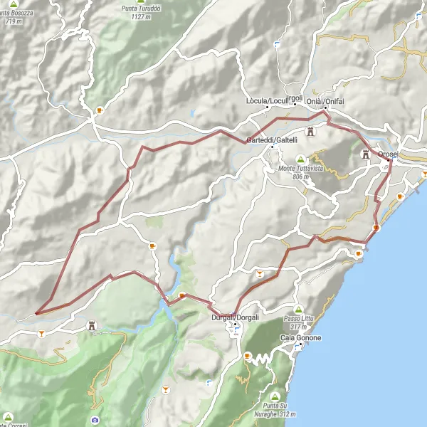 Miniatura della mappa di ispirazione al ciclismo "Esplorazione delle Montagne di Dorgali" nella regione di Sardegna, Italy. Generata da Tarmacs.app, pianificatore di rotte ciclistiche