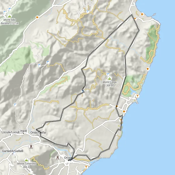 Miniatura della mappa di ispirazione al ciclismo "Giro panoramico di Capo Comino" nella regione di Sardegna, Italy. Generata da Tarmacs.app, pianificatore di rotte ciclistiche