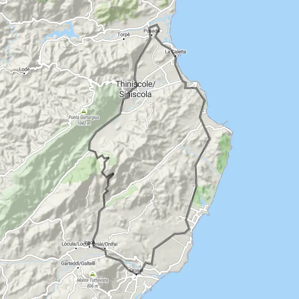 Miniatura della mappa di ispirazione al ciclismo "Scenic road tour to Belvedere and Monte Biderosa" nella regione di Sardegna, Italy. Generata da Tarmacs.app, pianificatore di rotte ciclistiche