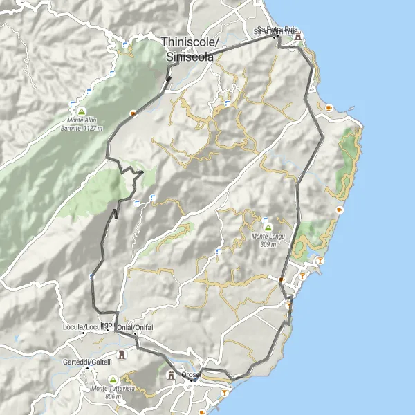 Miniatura della mappa di ispirazione al ciclismo "Tour Panoramico tra I Monti di Siniscola" nella regione di Sardegna, Italy. Generata da Tarmacs.app, pianificatore di rotte ciclistiche