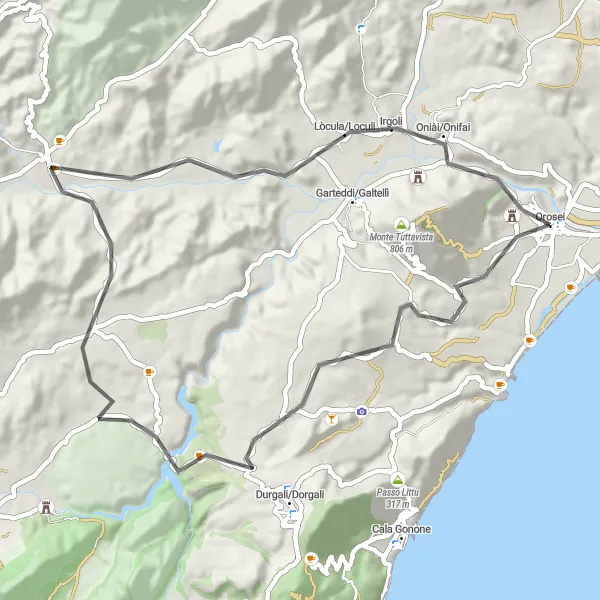 Miniatura della mappa di ispirazione al ciclismo "Coastal road loop to Torre di Sant'Antonio and Monte Coazza" nella regione di Sardegna, Italy. Generata da Tarmacs.app, pianificatore di rotte ciclistiche