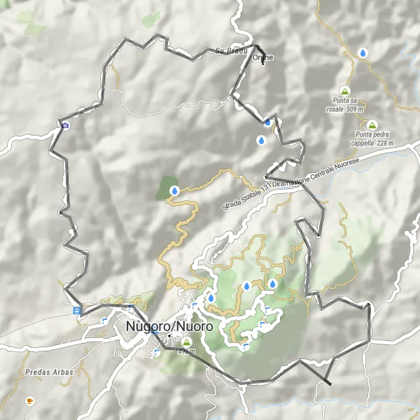 Miniatura della mappa di ispirazione al ciclismo "Road da Orune a Nuoro" nella regione di Sardegna, Italy. Generata da Tarmacs.app, pianificatore di rotte ciclistiche