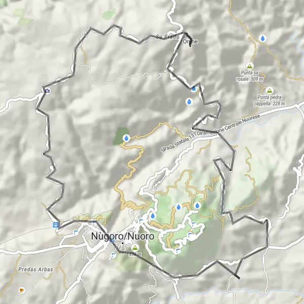 Map miniature of "Nuraghe and Nuoro Adventure" cycling inspiration in Sardegna, Italy. Generated by Tarmacs.app cycling route planner