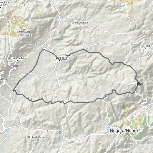 Miniatura della mappa di ispirazione al ciclismo "Giro in bicicletta a Orune e dintorni" nella regione di Sardegna, Italy. Generata da Tarmacs.app, pianificatore di rotte ciclistiche