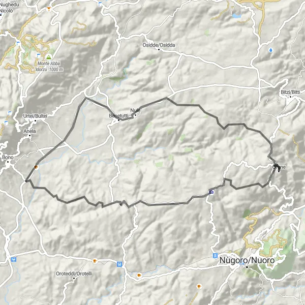 Map miniature of "Orune Circular Road Route" cycling inspiration in Sardegna, Italy. Generated by Tarmacs.app cycling route planner