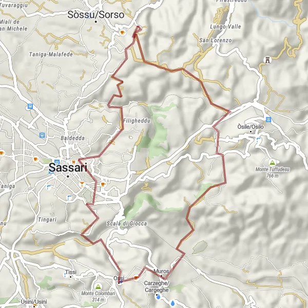 Miniatura della mappa di ispirazione al ciclismo "Giro in bicicletta Fontana del Rosello - Sènnaru - Ossi" nella regione di Sardegna, Italy. Generata da Tarmacs.app, pianificatore di rotte ciclistiche