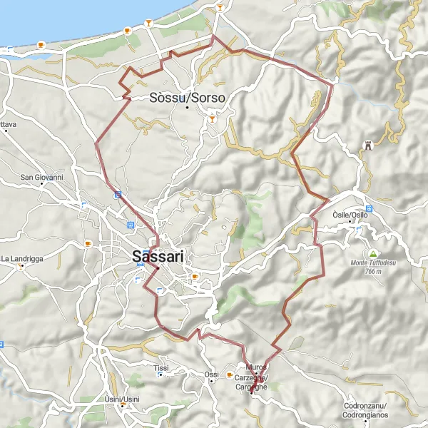 Miniatura della mappa di ispirazione al ciclismo "Esplorazione grigliata Sassari e dintorni" nella regione di Sardegna, Italy. Generata da Tarmacs.app, pianificatore di rotte ciclistiche