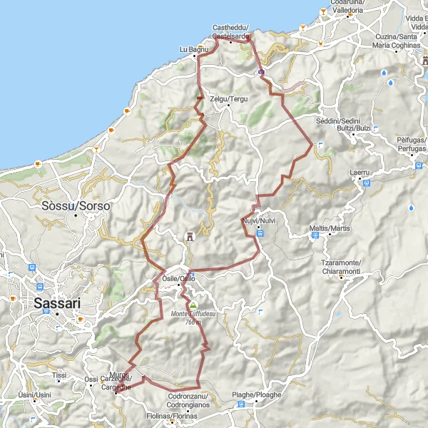 Miniatura della mappa di ispirazione al ciclismo "Scoperta dell'entroterra sardo tra Castelsardo e Carzeghe" nella regione di Sardegna, Italy. Generata da Tarmacs.app, pianificatore di rotte ciclistiche