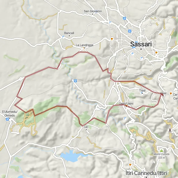 Miniatura della mappa di ispirazione al ciclismo "Giro in bicicletta Ùsini - Uri - La Landrigga - Tissi - Monte Colombari" nella regione di Sardegna, Italy. Generata da Tarmacs.app, pianificatore di rotte ciclistiche