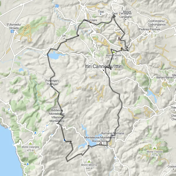 Miniatura della mappa di ispirazione al ciclismo "Giro in bici da Ossi attraverso Ruderi Chiesa di San Silvario" nella regione di Sardegna, Italy. Generata da Tarmacs.app, pianificatore di rotte ciclistiche